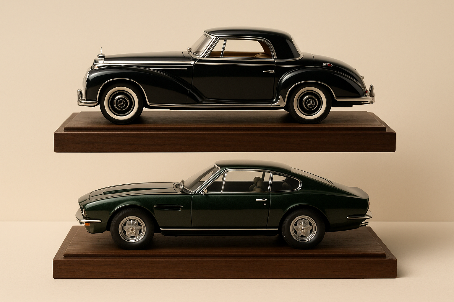 Schaalmodellen van een Mercedes-Benz 300 Sc Coupé en een Aston Martin DBS V8 Series 2 Manual op maat vervaardigd door Atelier Maquette, boven elkaar gepresenteerd in zijaanzicht.