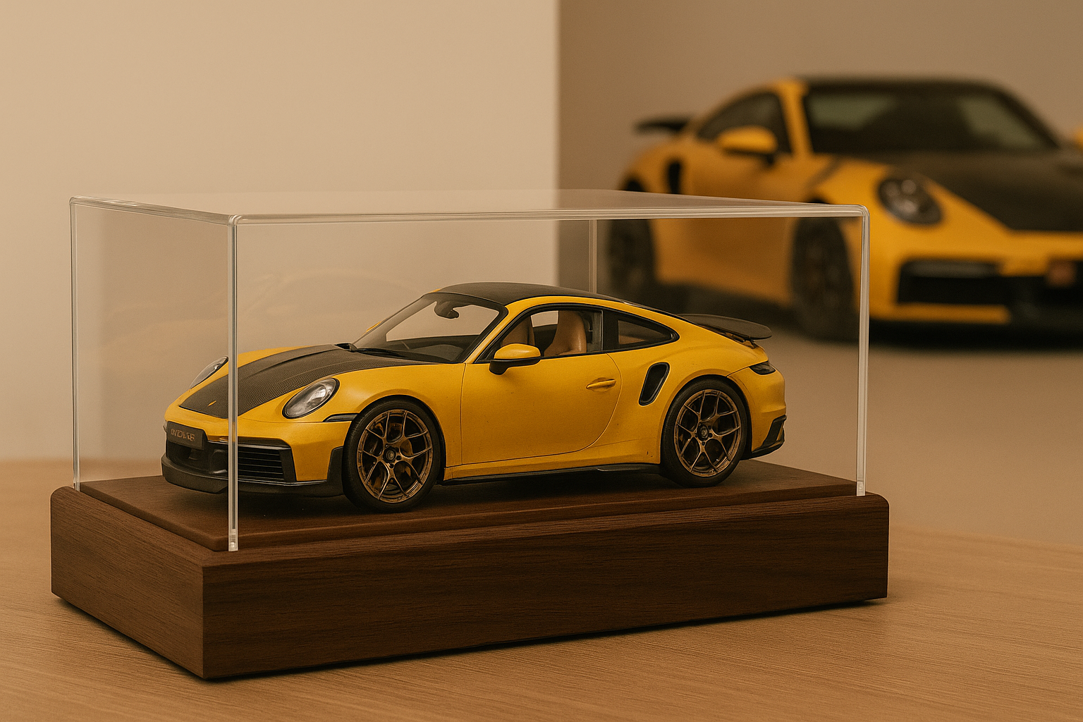 Schaalmodel van een Porsche 911 3.8 Turbo S op vitrine-sokkel, met de echte auto vervaagd op de achtergrond.