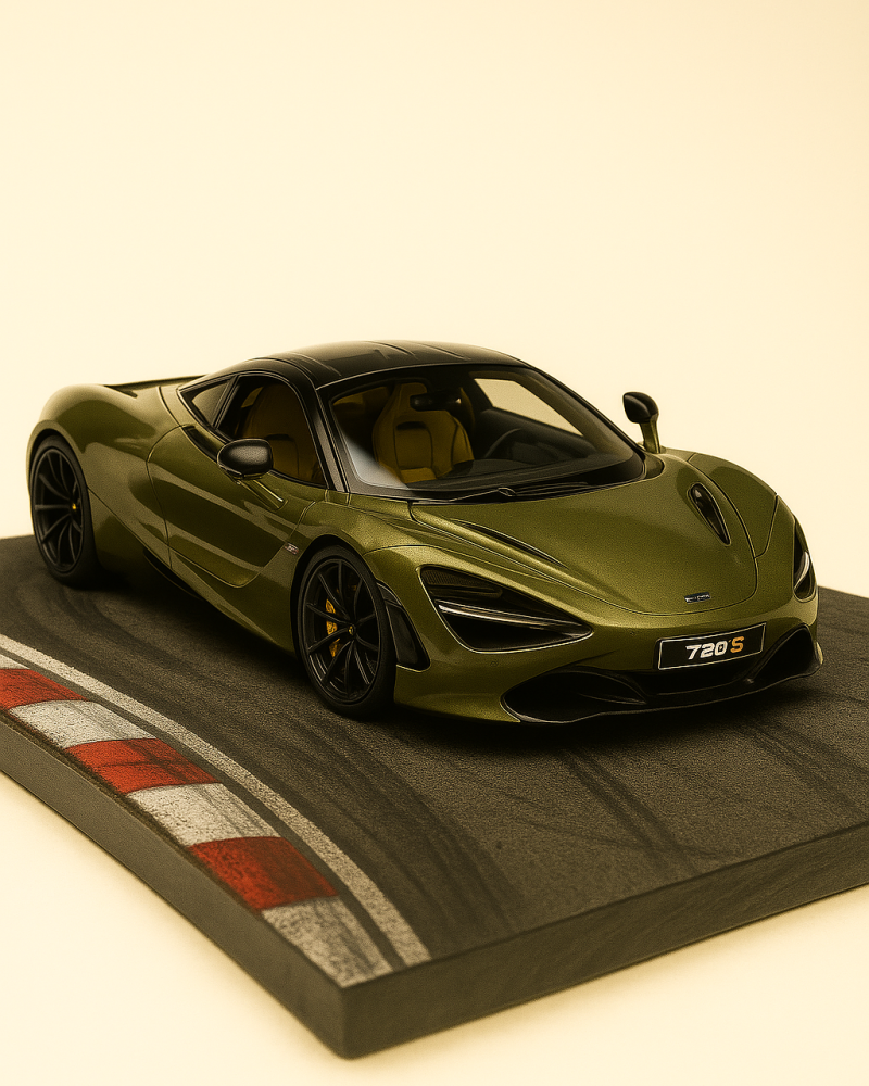 Gedetailleerd schaalmodel van een luxe auto, geplaatst op een circuit-ondergrond met crèmekleurige achtergrond.
